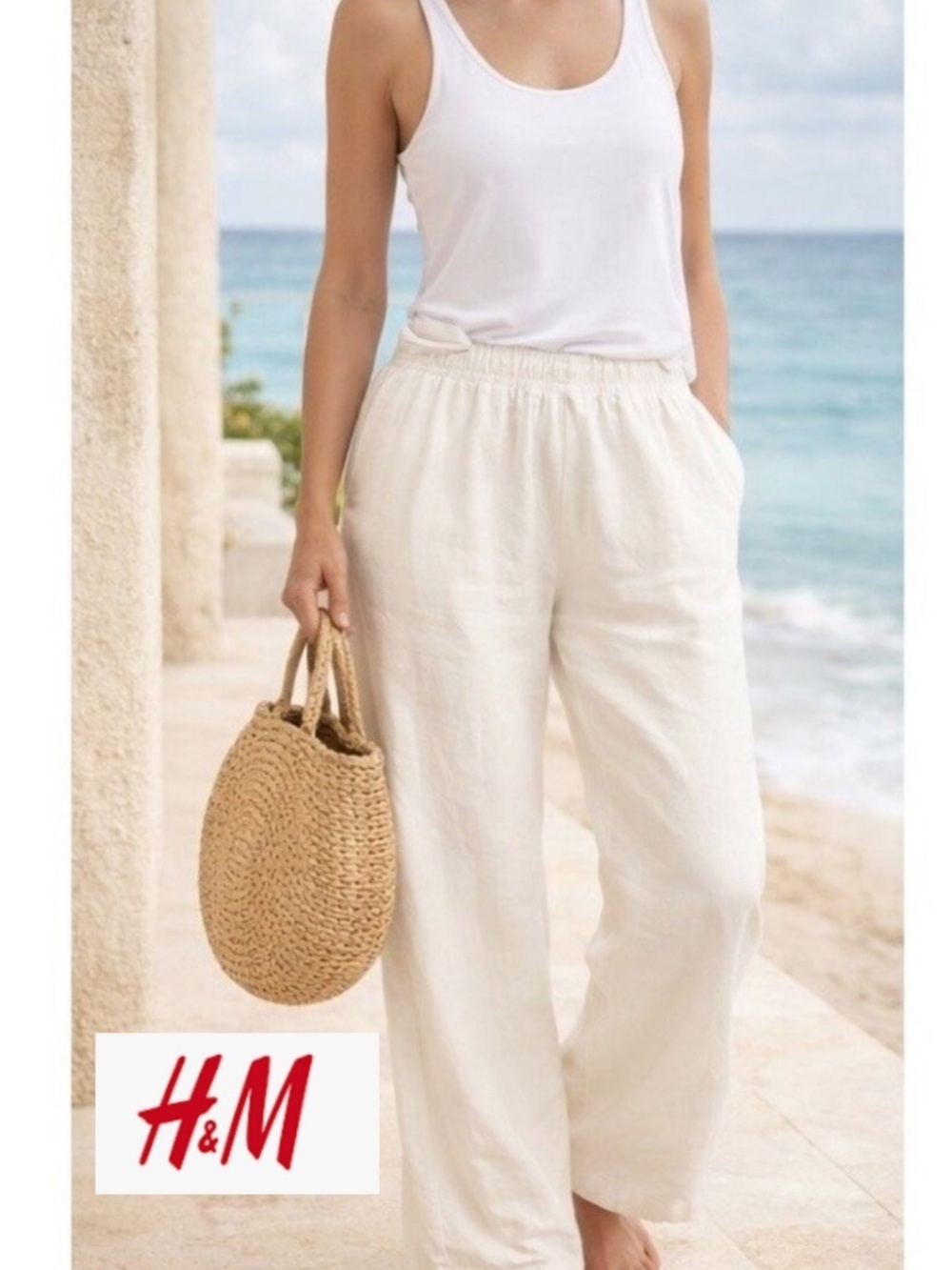 NEW H&M White linen blend wide leg pants, L, GP1553